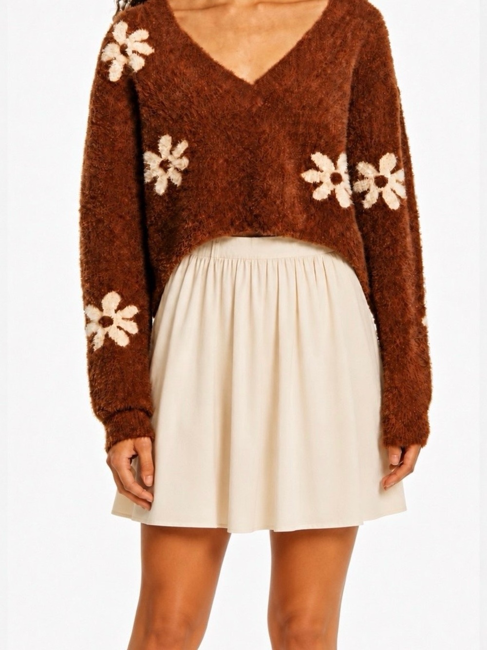 La Hearts Brown V-Neck Fuzzy Floral Sweater with Cream Flowers